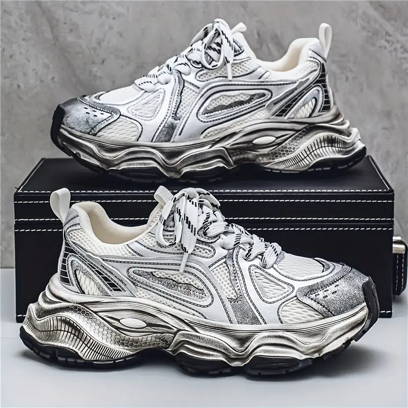 Men's Chunky Platform Sneakers, Breathable Mesh Lace-Up Design with PVC Sole for All-Seasons Casual Running, Chunky Look, Mesh Upper, Us Sizes, Fashionable Running Shoes, Running Sports Shoes