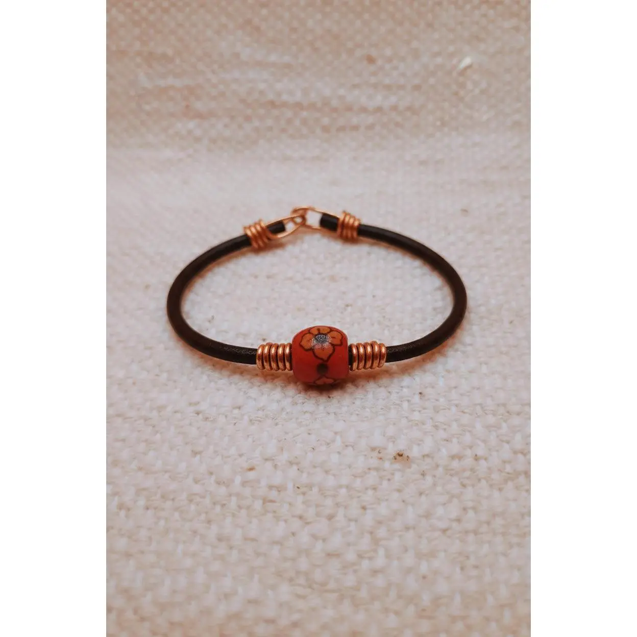 Dark Leather Bead Bracelet with Copper Wood, Floral Design and Clasp - 7 in, Flowers, Art, 7 Inches, Beads, Handmade, Centerpiece Bead