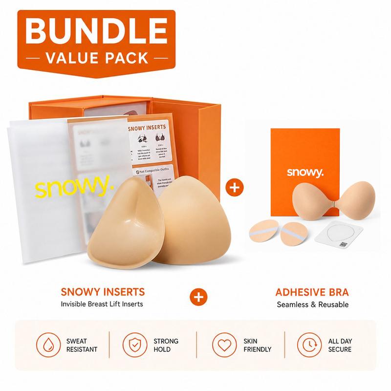 Snowy Value Bundle - Feminine Reusable Double Pads Adhesive Inserts & Strapless Bra with Instant Bust Boost, Sweat-Resist Hold for 2 Key Occasions
