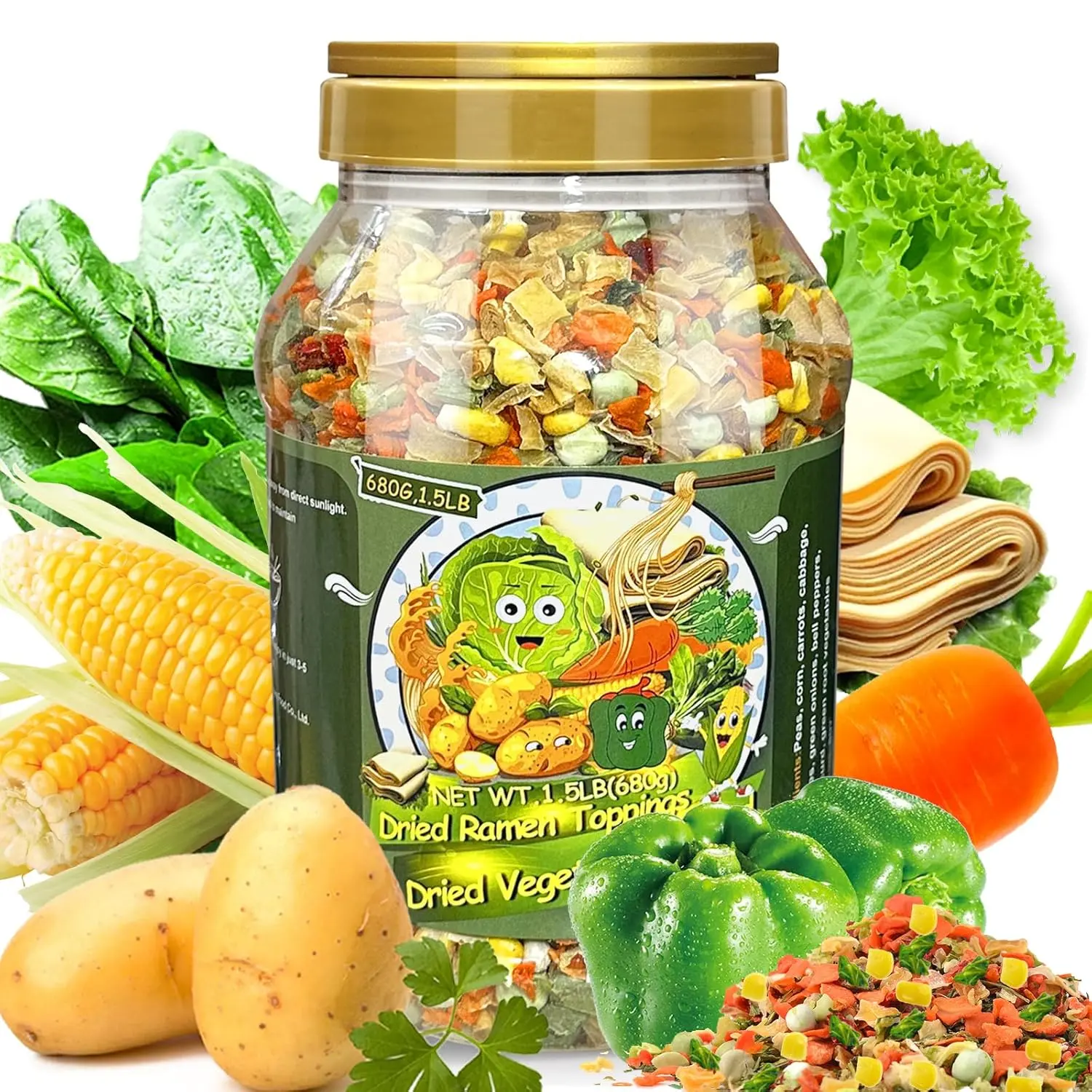 24Oz Mixed Ramen Toppings Dehydrated Soup, All Natural Vegetable, 9 Freeze Dried Veggies for Noodles, Soups, Camping, and Emergency Food, Dry Vegetable Flakes, No Additives Corn Carrot,camping essentials