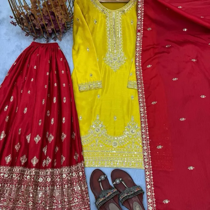 Women's yellow red  Plazo Sharara Set Wedding Party Wear Pakistani Suit with Pur Chinon Silk Embroidery Top & Plazzo Readymade Asian Clothes