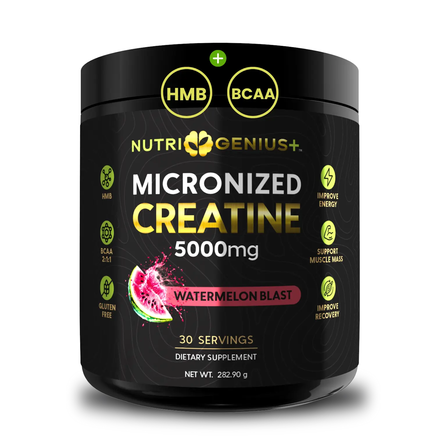 Nutri Genius Plus Micronized Creatine 5000mg Watermelon Blast Flavor with BCAA & HMB for Enhanced Muscle Recovery & Strength Support Collagen Fitness Supplement