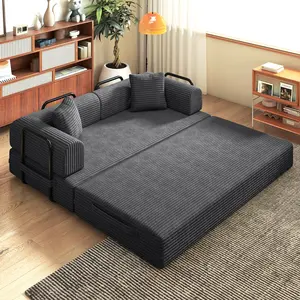 Convertible Coarser Corduroy Sleeper Sofa Bed with Cylindrical Pillow, Folding Mattress Couch with Fixed-Shape Frame, Floor Sofa Lounge Couch for Living Room Bedroom Lounge Studio, Beige