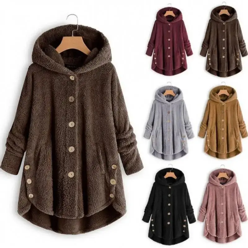 New Fashion Autumn Winter Women's Solid Button Coats Ladies Warm Teddy Bear Loose Outwear Female Plush Coat Hooded Plush Jackets