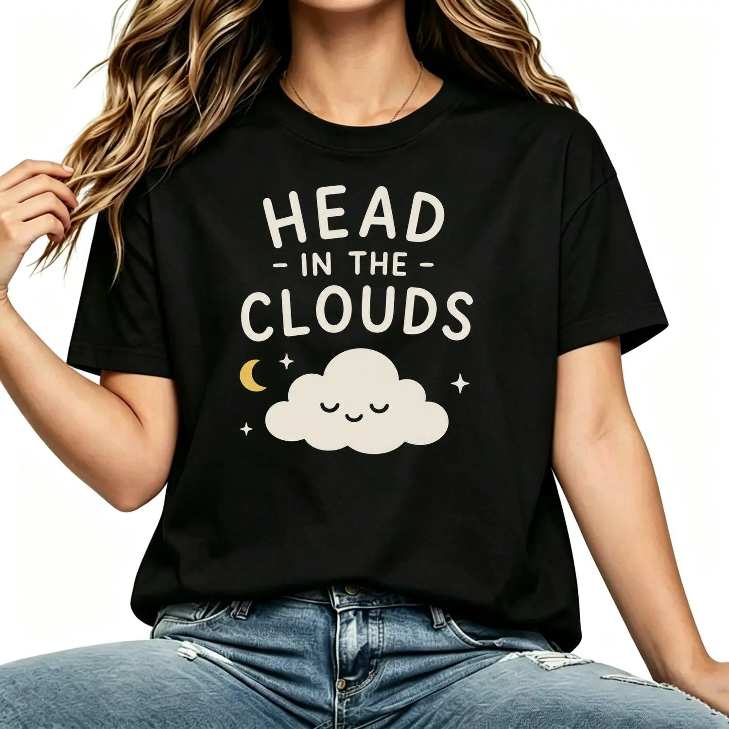 "Womens Head In The Clouds Graphic T Shirt Featuring Dreamy Cloud Moon Design Aesthetic Casual Tee Top for Everyday Wear and Stylish Comfort"