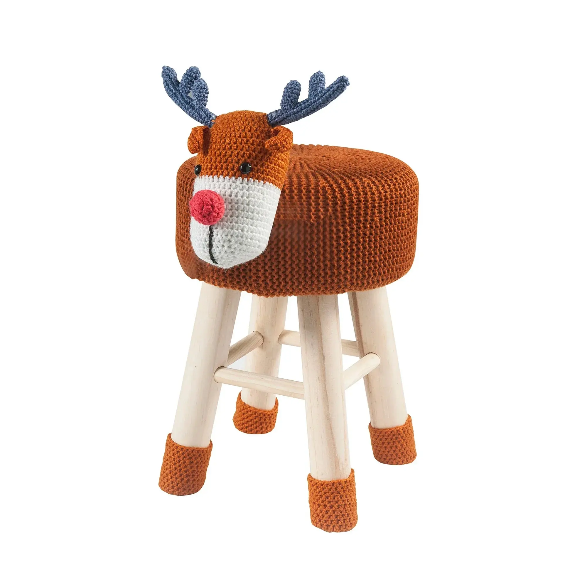 Woven Deer Pine Wood Legs Stool with Soft Plush Fabric