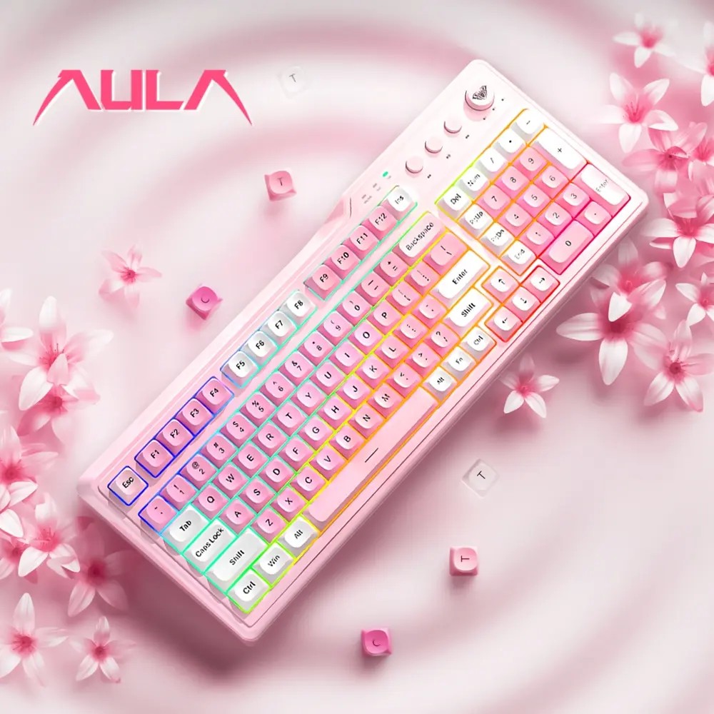 AULA F3099 three-mode, Rgb lighting USB Rechargeable Keyboard, wired/wireless connection, 99-key layout, cool lighting effect, rechargeable, ergonomic, compatible with Windows/Mac, suitable for daily office or game use, appearance