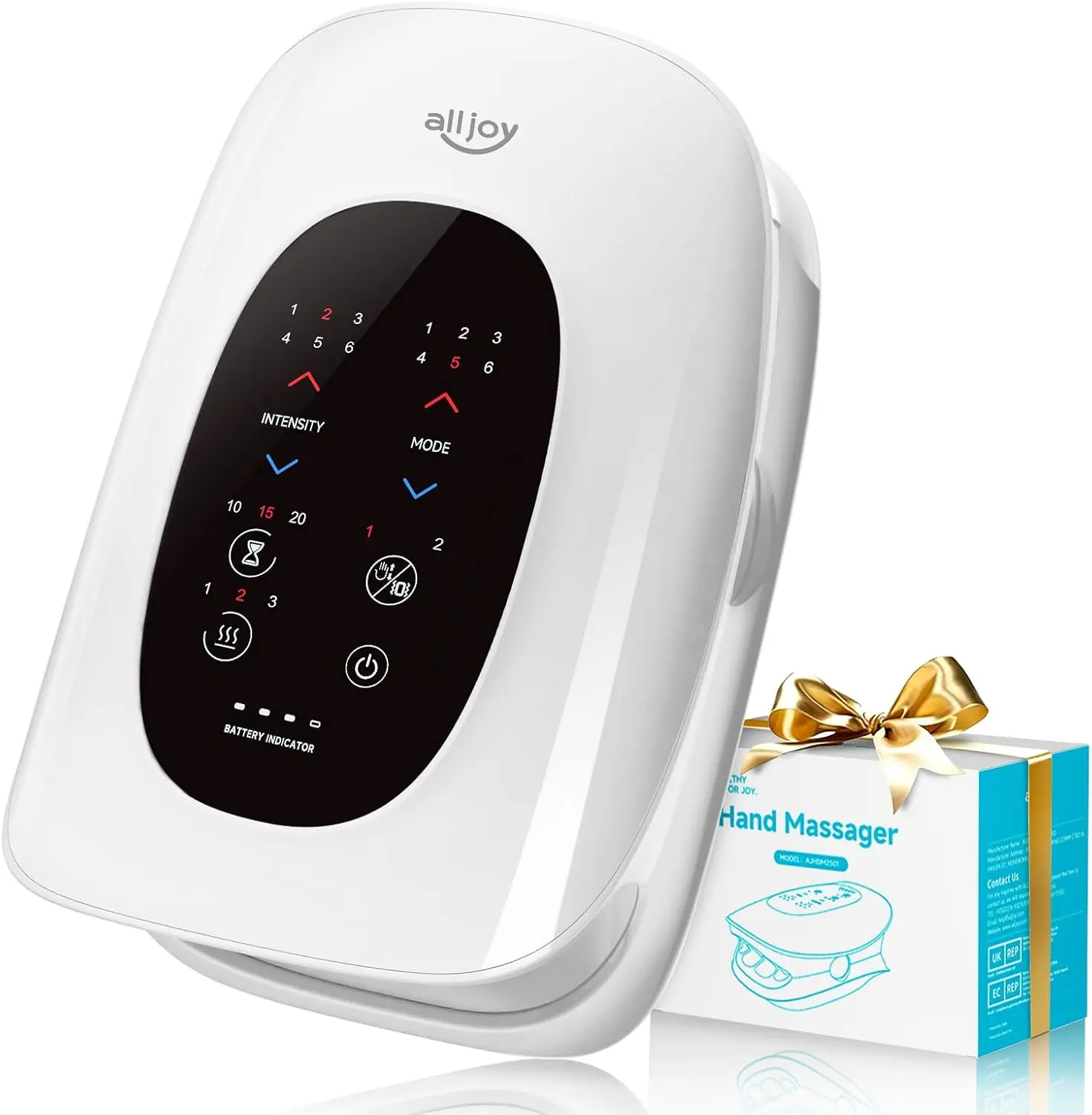 ALLJOY Adjustable Rechargeable Heated Hand Massager - Acupressure Therapy Device with Compression, 6 Modes, 6 Intensity Levels, 3 Heat Settings for Arthritis & Carpal Tunnel Pain Relief, Birthday Gifts for Women and Men
