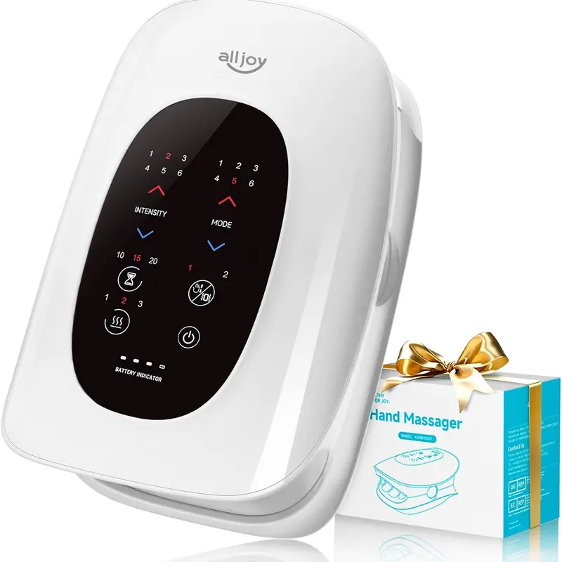Alljoy Ambidextrous Rechargeable Heatable Hand Massager - Battery-Powered Therapy Device with Adjustable Acupressure, Compression for Arthritis Relief, 6 Modes, 3 Heat Settings, LCD Screen, Ideal Adult Gift