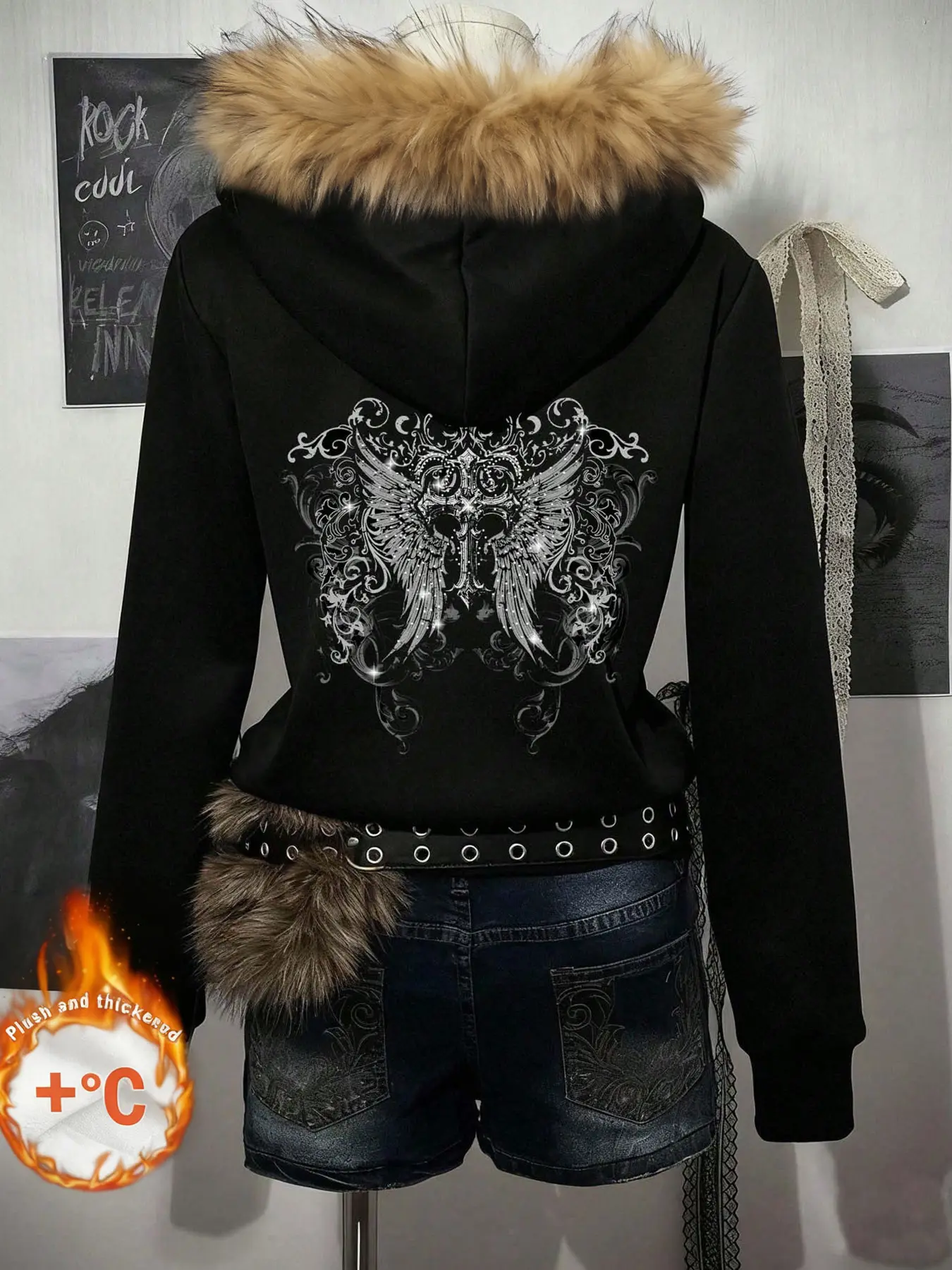 Women's Fall Winter Fashion Casual Vintage Gothic Graphic Cross Wings Print Long Sleeve Fit Hooded Jacket with Pockets, Warm Casual Streetwear Sweatshirt Outerwear