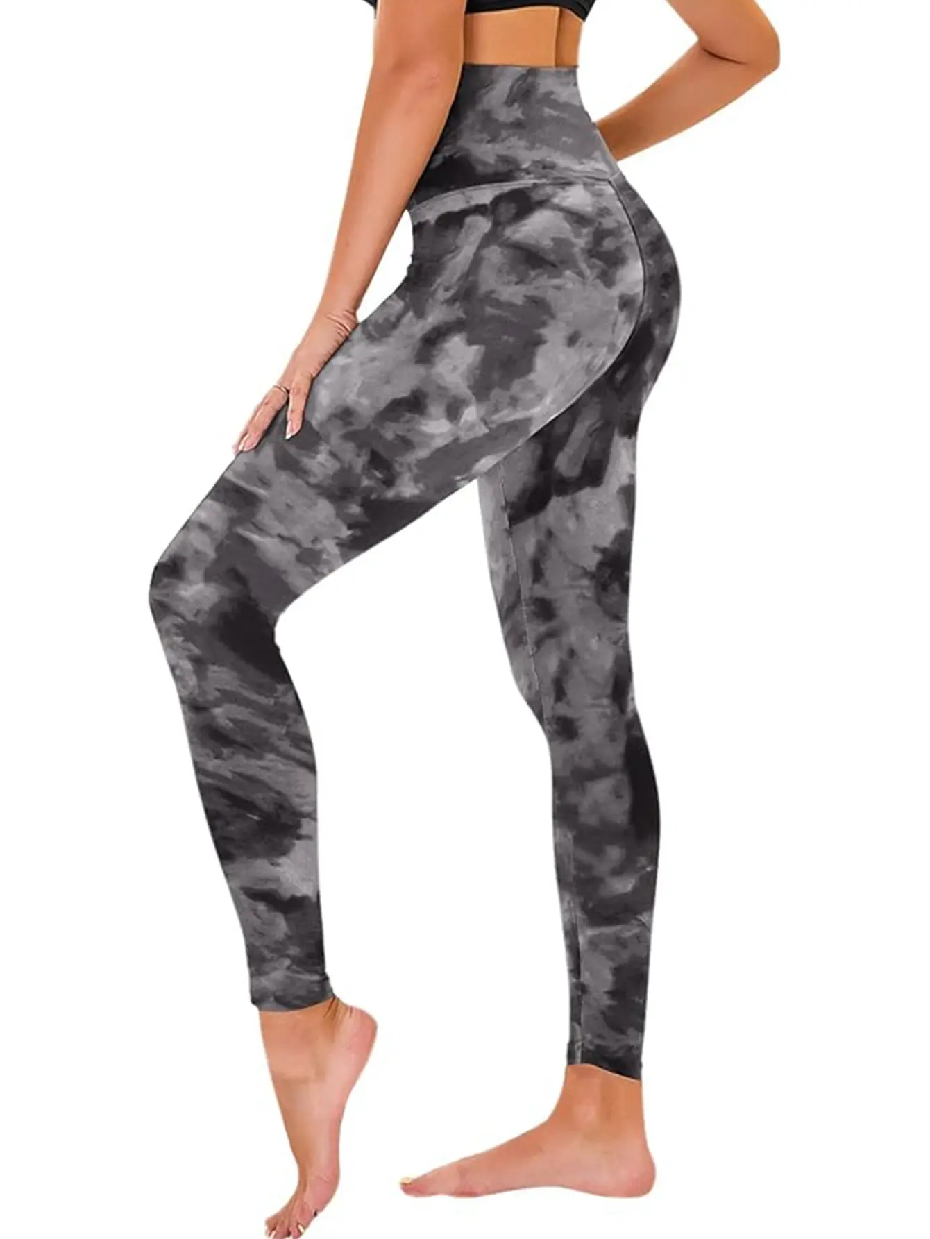 Women's High-Rise Cropped Squat-Proof Yoga Leggings - Black All-Over Print, Elastic Waist, Breathable Stretch Fabric, True to Size, Sporty Chic Yoga/Gym Workout Wear, S
