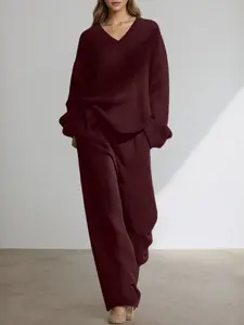 Women's Loose Fit Knit Home Set, Lady Two-Piece Matching with Wide Leg Pants and Long Sleeve Casual Top, Fashionable Soft Daily Wear Womenswear