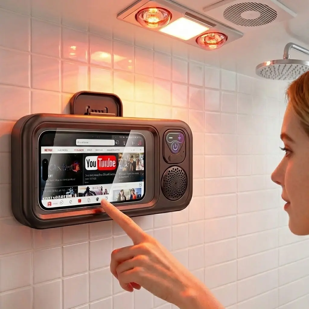 Waterproof box speaker, bathroom waterproof 360° rotating touch screen, Bluetooth speaker, Multifunctional speaker, Speaker systems, watch movies, listen to music, phone holder, shower TV holder, kitchen, bathroom, Streaming, Rotating Speaker