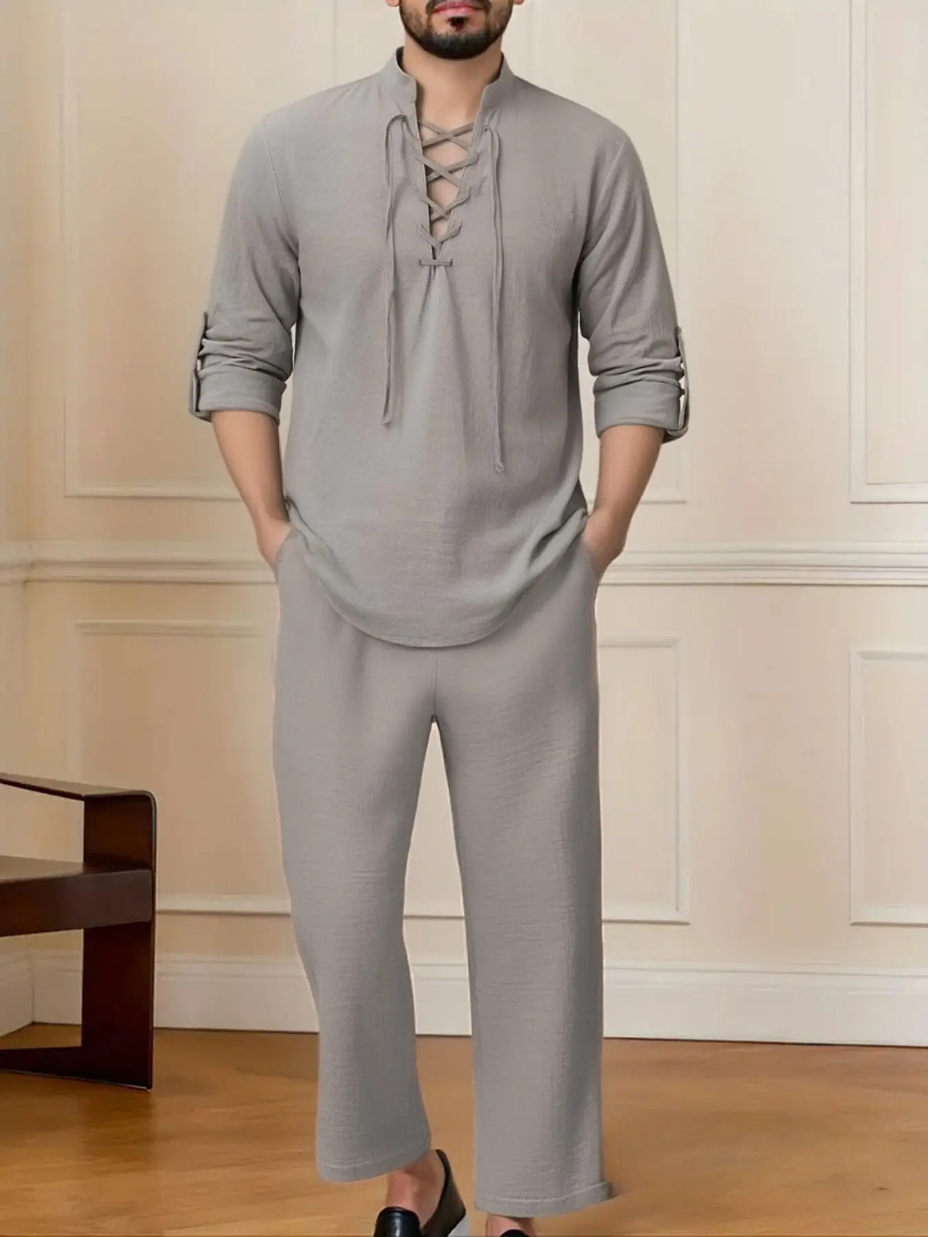 Men's loose and comfortable linen suit, lightweight and breathable Cuban long-sleeved shirt and drawstring linen Trouser pants. This casual style is suitable for daily leisure, beach vacations and travel gifts. Clothes