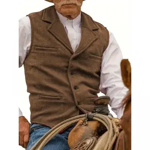 Men’s tweed cowboy vests for hunting and fishing; wool herringbone retro design; suitable for elderly/older men; vintage Western casual business vests; menswear tops