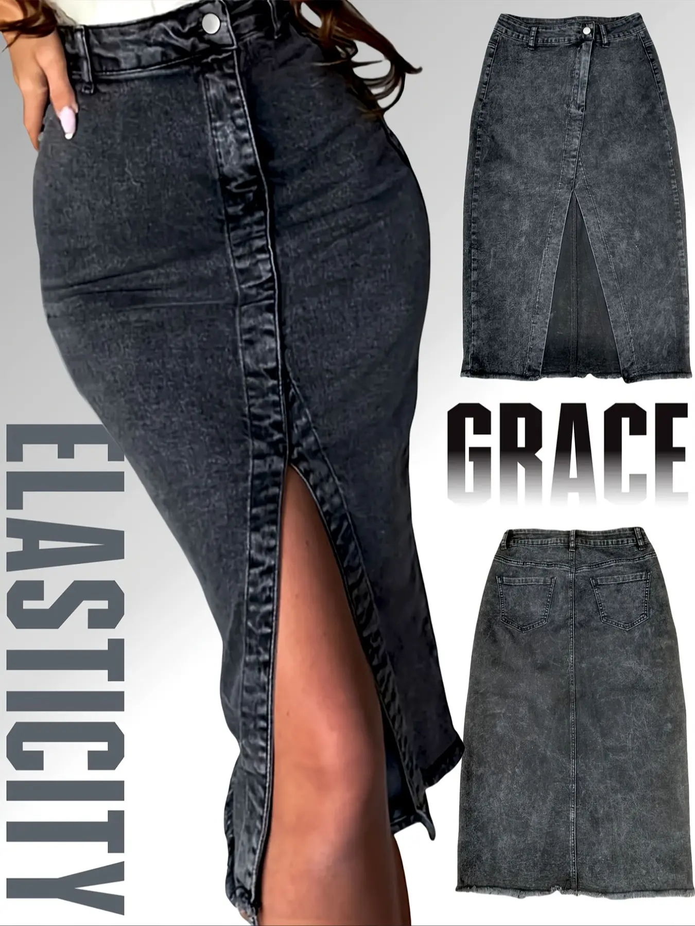 Women's Denim Fabric Fitted Midi Skirt with French Elegance, High-Stretch Layered Design, Casual and Formal Wear for All Seasons Aesthetic Fashion