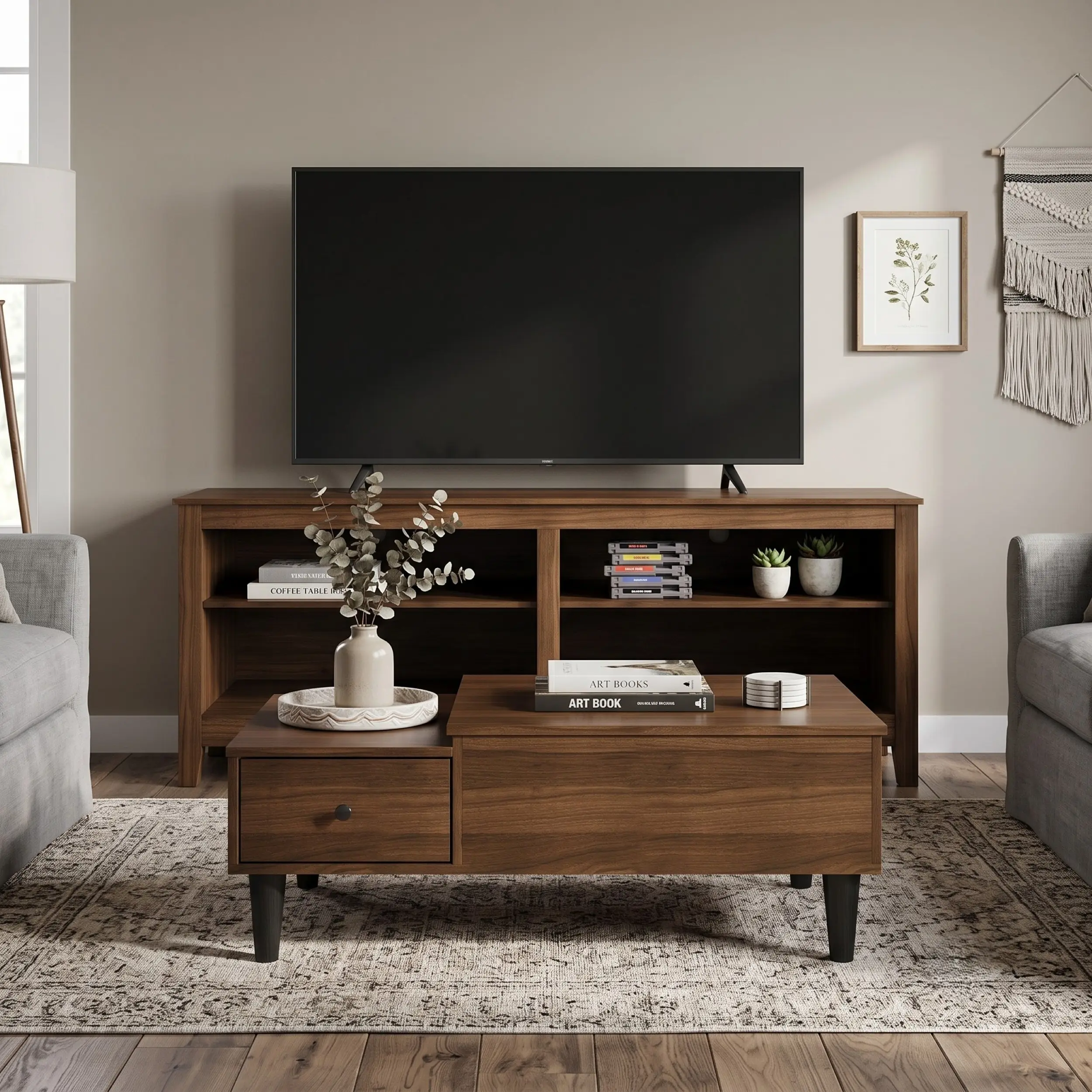 Favorer Kittery 2-Piece Rustic Indoor Furniture Set - Rectangle TV Stand with Storage Shelves, Caribou Lift-Top Coffee Table, Particle Board Entertainment Center with Hidden Storage (Requires Assembly), Two Pieces