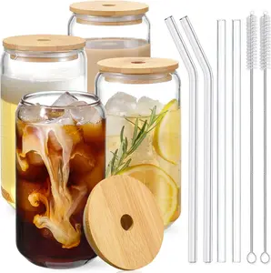 8-Pack 16oz Iced Coffee Glasses with Bamboo Lids & Glass Straws – Cute Cups for Tea, Beer, or Juice – Includes 2 Brushes Drinkware Glassware Stylish Tumblers