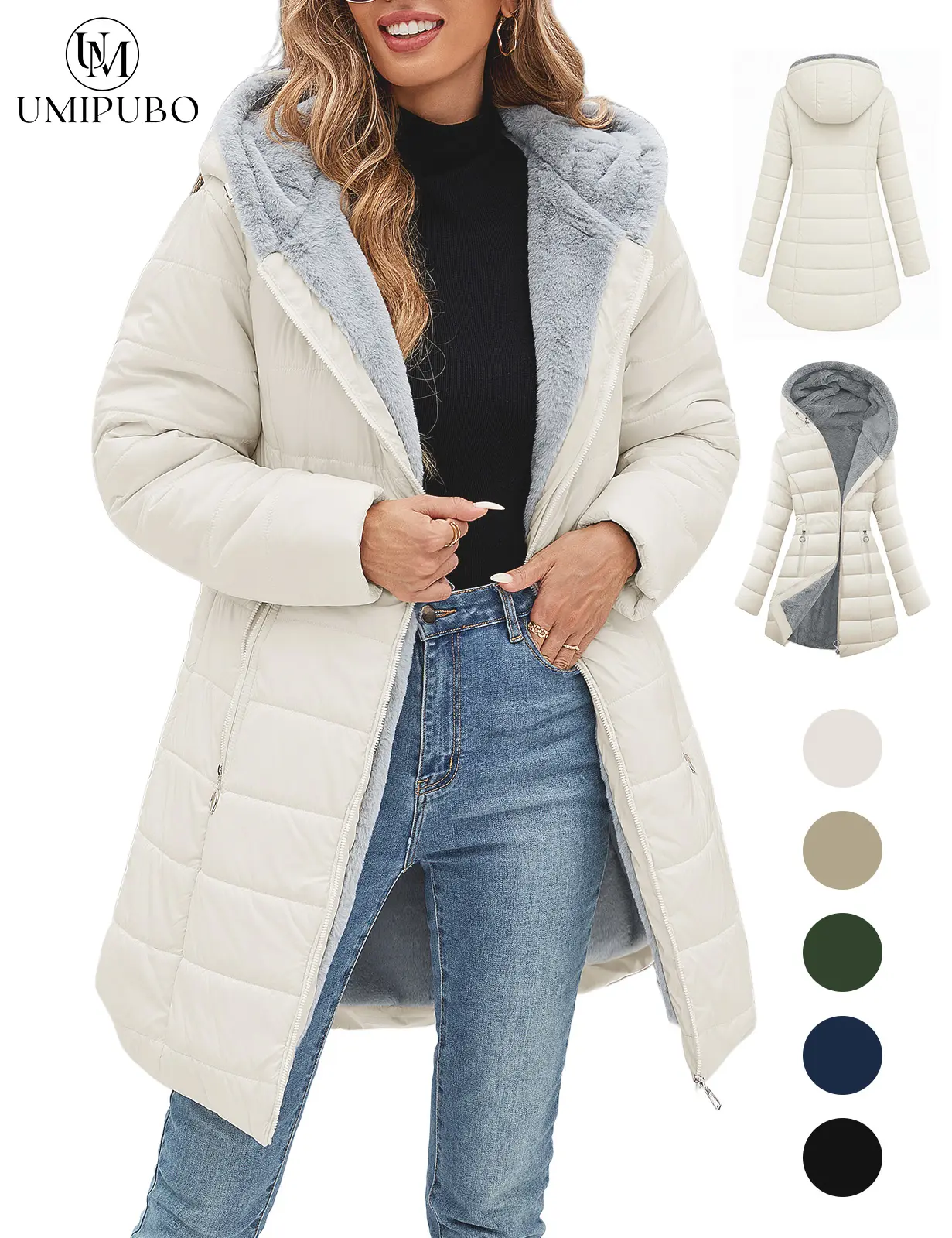UMIPUBO Women's Long Sleeve Furry Puffer Down Jacket - Windproof, Waterproof, Slim Fit, Adjustable Coat for Commuting, Winter Outfits