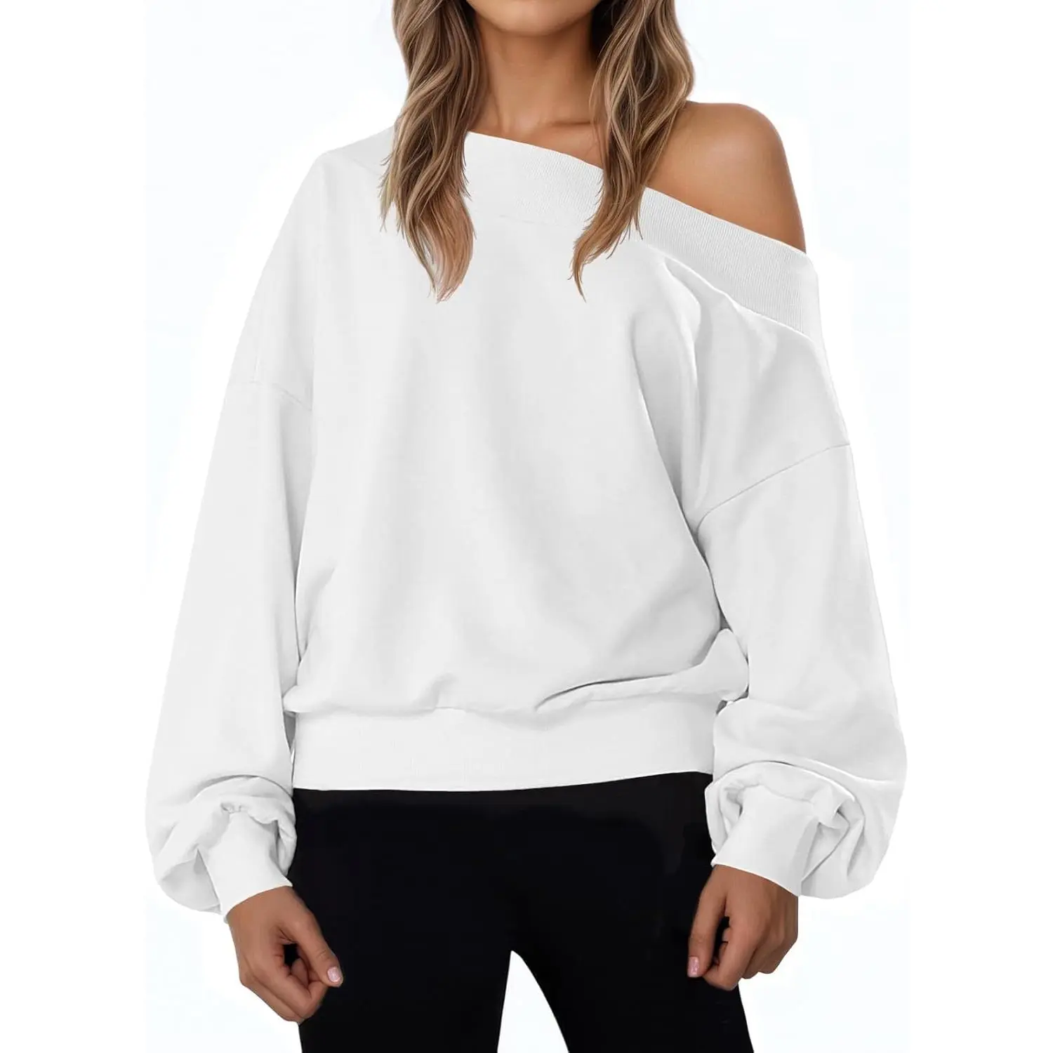 Women's Off-The-Shoulder Loose-Fitting Long Sleeve Pull-On Fall Casual Hoodie - Basic Minimalist Light Khaki Style Womenswear Top