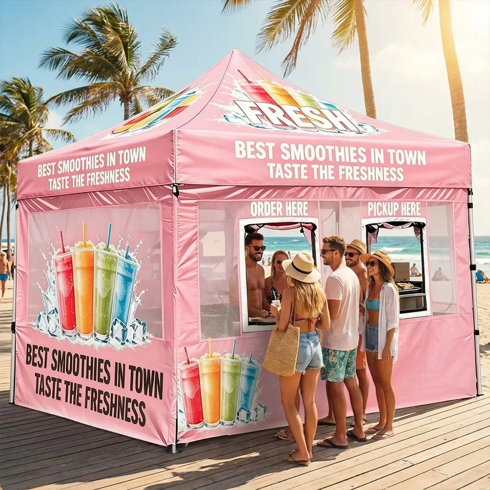 Commercial Smoothie Booth Pop-Up Canopy Tent for Food Vendors, 10x10ft Heavy Duty Aluminum Frame, Waterproof UV-Resistant Fabric Tent with Order/Pickup Windows