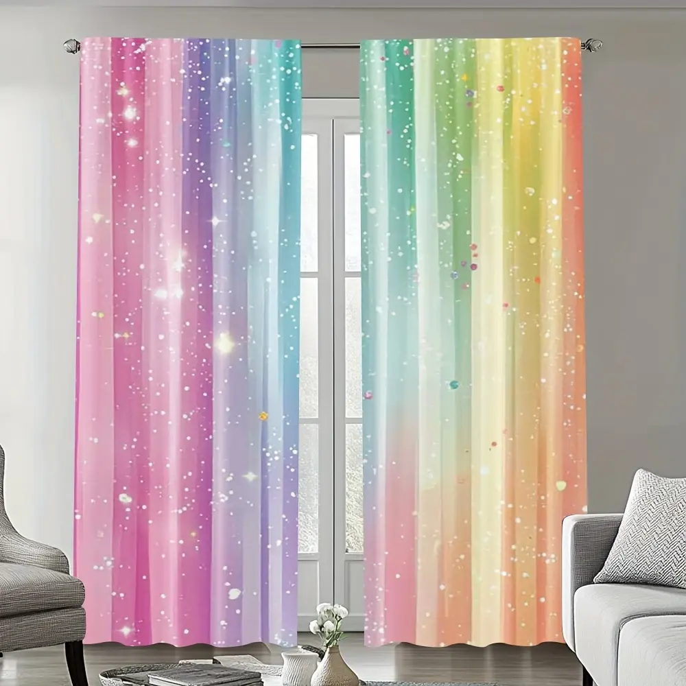 2 Pieces, Rainbow Star Sheer Printed Curtains, Home Decorative Curtain, Home Textile - Sparkling stars and color gradient design, translucent, suitable for bedroom, living room, home decoration, window treatment