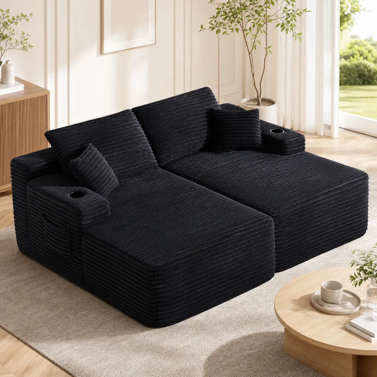 69-Inch Boneless Double Chaise Sofa Bed - Black Ribbed Corduroy Upholstery, 2-Piece Modular Design, 4 Pillows, 2 Cup Holders, Side Storage Pocket, Deep-Seat Lounge for Living Room, Bedroom