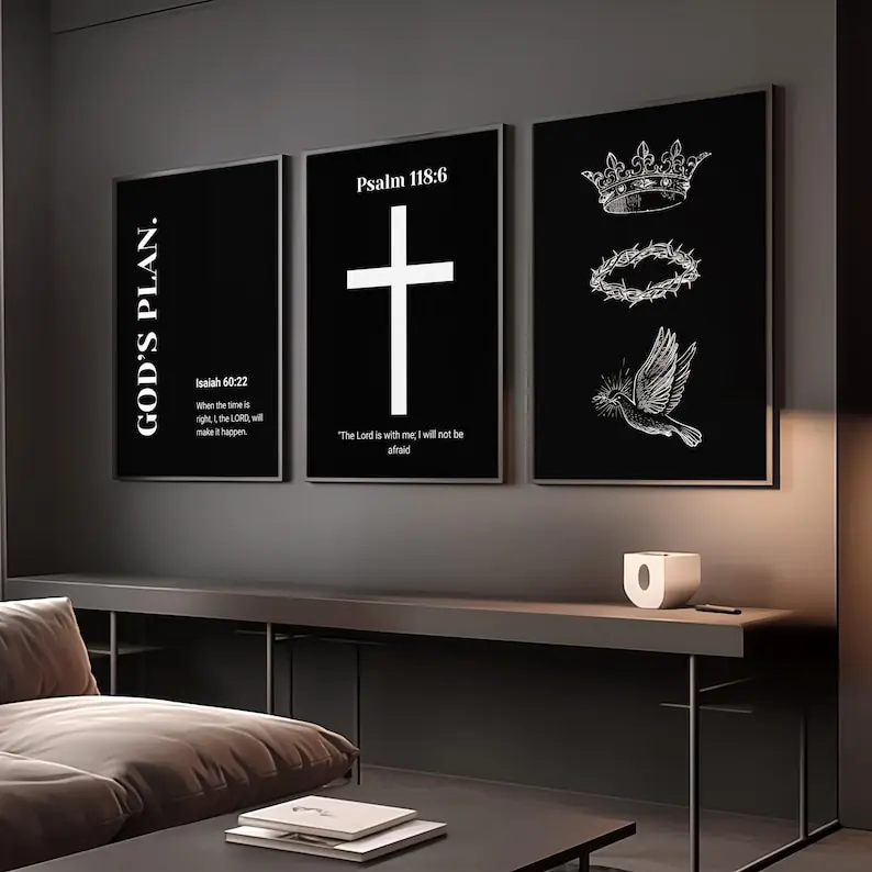 Glossy Paper Black Christian Frameless Art Posters & Prints - Bible Verses, Minimalist Religious Hanging Decor, Unisex Gifts for Living Room Decor & Home Inspo (Frame Not Included), Wall Decor