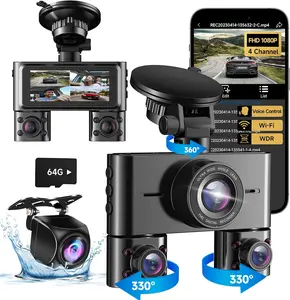 360 Dash Cam Front and Rear Inside, 4  Dash Camera for  FHD 1080Px4, Built-in , 3.16 IPS Screen, WDR Night Vision, Voice Control, Included 64GB Card, 24H Parking Mode