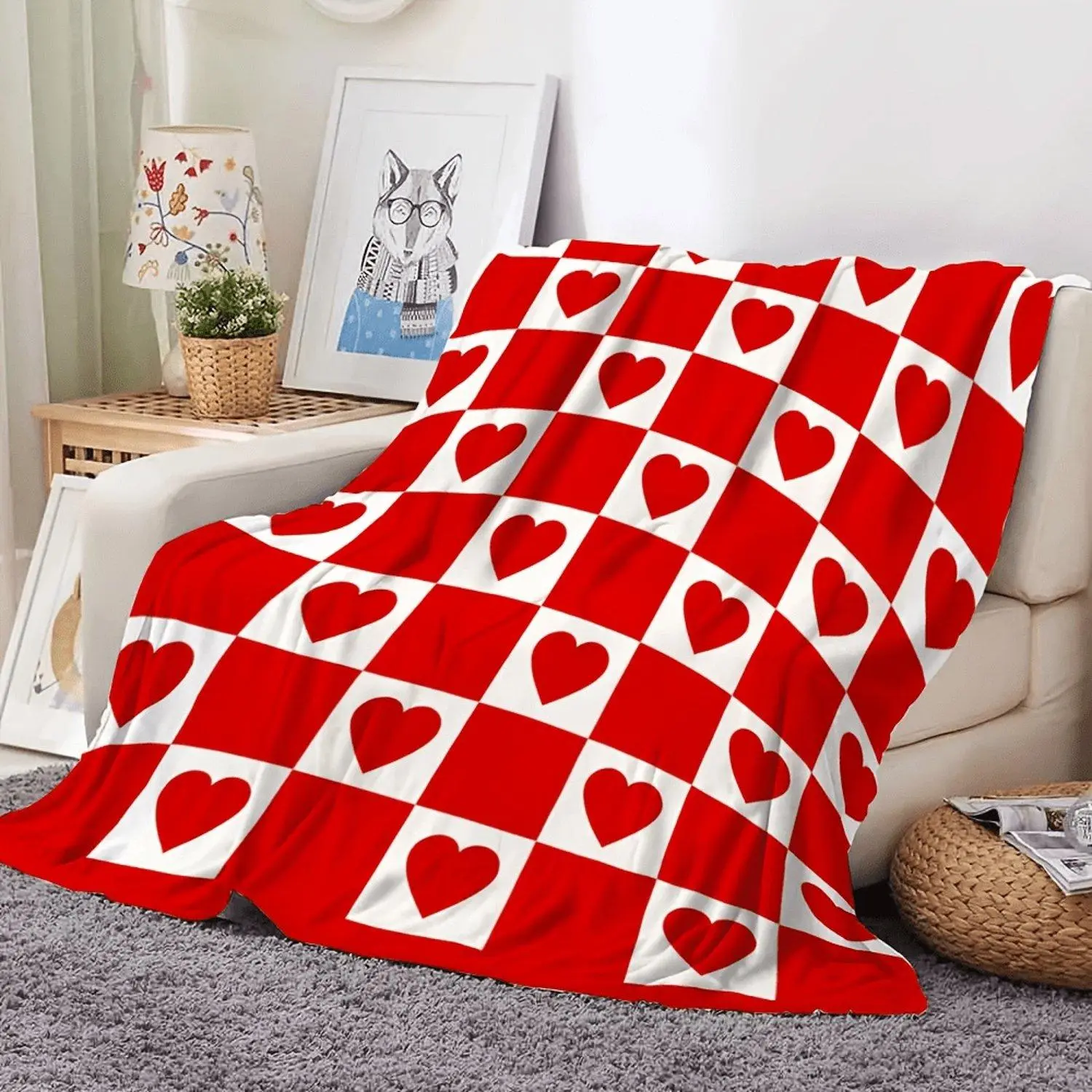 1pc Heart-Shaped Red White Checkered Blanket: Warm And Romantic, Home Essential Cozy Item, Valentine'S Day Decor, Soft Comfortable Fleece Blanket, Home Bedroom Sofa Bed Cover Nap Blanket Sleeping Blanket, Suitable for Travel And Camping