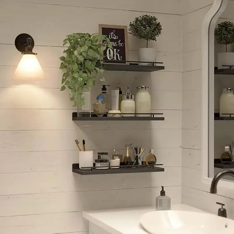 Set of 3 Wooden Storage Racks Bathroom Kitchen Storage Racks Floating Racks with Black Metal Guardrails Wall Shelves Decoration Floating Wall Racks Home Decor
