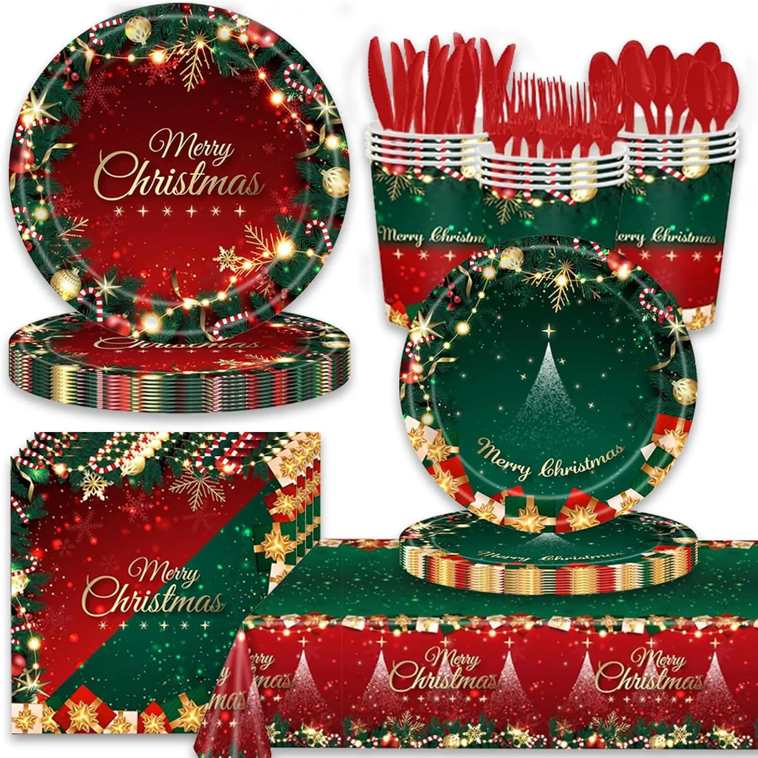 Christmas Party Tableware Set - Party Supplies, 134 Pieces for 16 Guests, Includes Disposable Dinner Plates, Disposable Paper Plates, Napkins, Forks, Perfect for Christmas, Birthday, Baby Shower