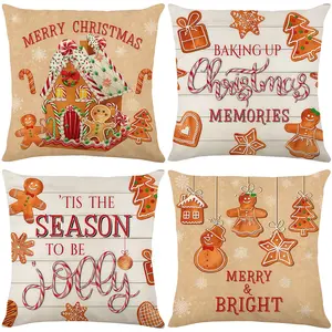 Christmas Print Pillow Covers Set, 4pcs 45x45cm Gingerbread House Design, Linen Look Fabric, Indoor Outdoor Decor for Sofa Bed Car