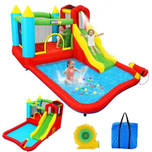 AKEYDIY Inflatable Bounce House, Wet & Dry Use, Includes Blower.Features water slide, climbing wall, basketball hoop & water gun. Indoor & outdoor, all-season fun. Perfect kids birthday gift, great for parties, Easter gift