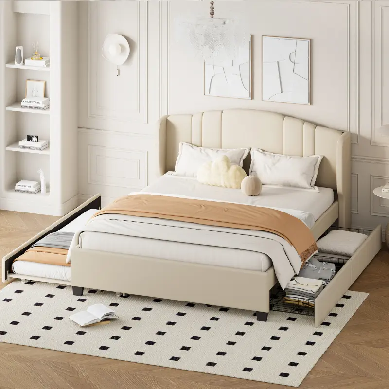 Queen size Bed with Trundle and 2 Storage Drawers, Upholstered Queen Platform Bed with Wingback Headboard, One Twin size Trundle and 2 Drawers, No Box Spring Needed, Linen Fabric, Queen Size