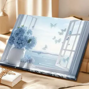 1pc, Blue Butterfly & Hydrangea Canvas Print wall art , Wooden Framed Canvas Poster - Framed, Horizontal Room Decor Paint Water Proof, Floral Butterfly, One-Piece