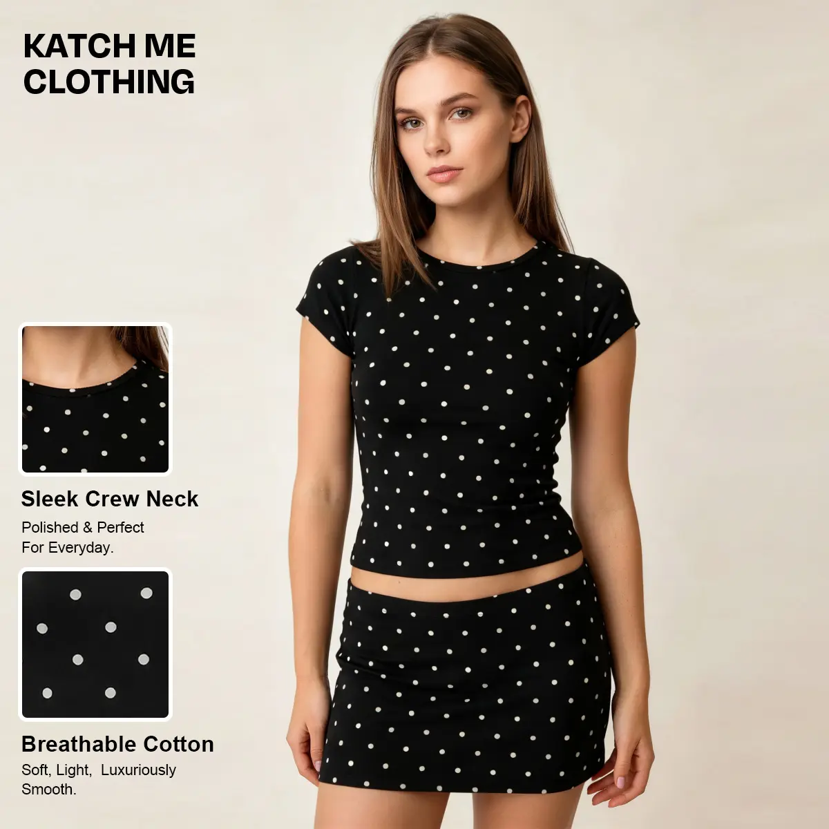 Katch Me Clothing Women's Lovely Polka Dot Round Neck Short Sleeve Top & Mini Skirt Co-ord, Elegant Skin-Friendly Cotton Two Piece Sets, Summer Breathable Anti-Pilling Stretch Daily Outfit