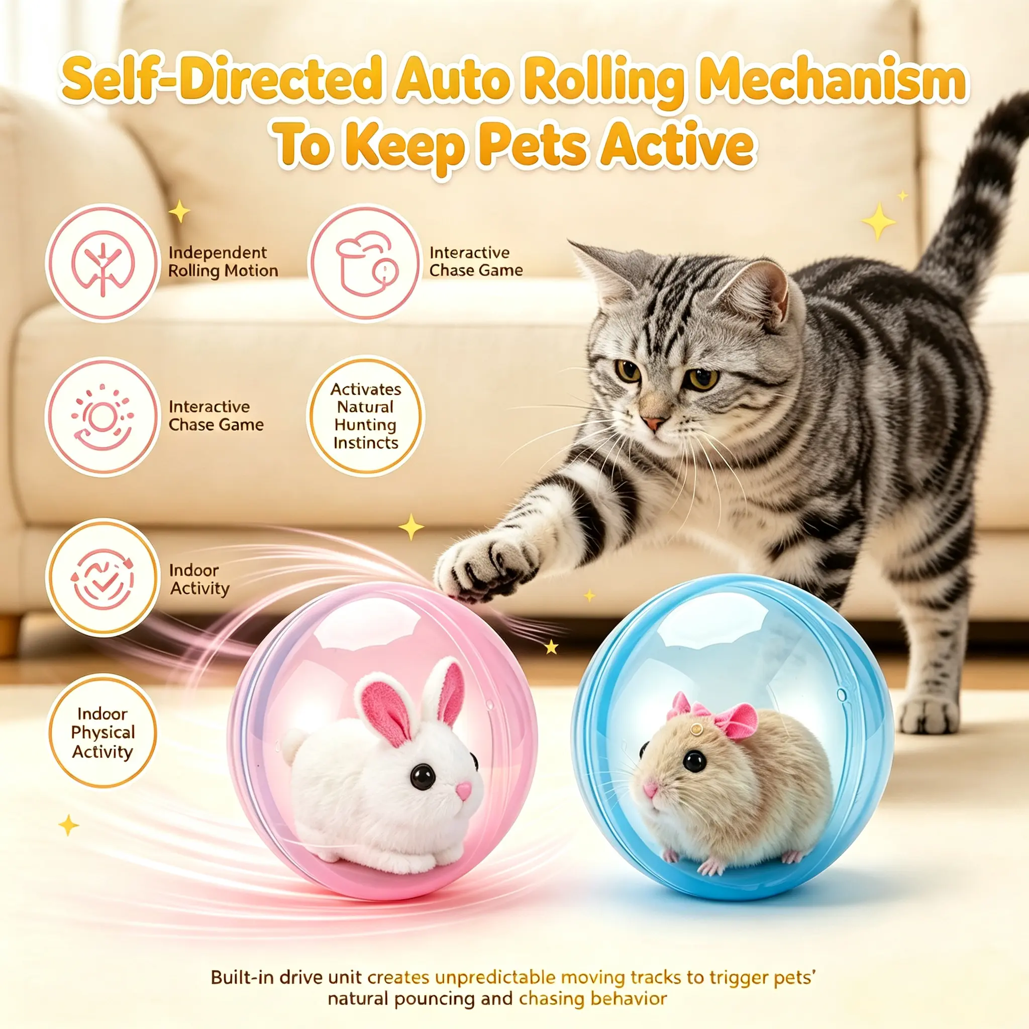 Smart Auto Rolling Pet Toy Ball Built with Intelligent Obstacle Avoidance Sensor, Interactive Electronic Moving Play Toy Suitable for Cats & Small Dogs, Detachable Soft Plush Hamster Bunny Outer Cover, Fun Stress Relief Exercise Ball for All Indoor Pets