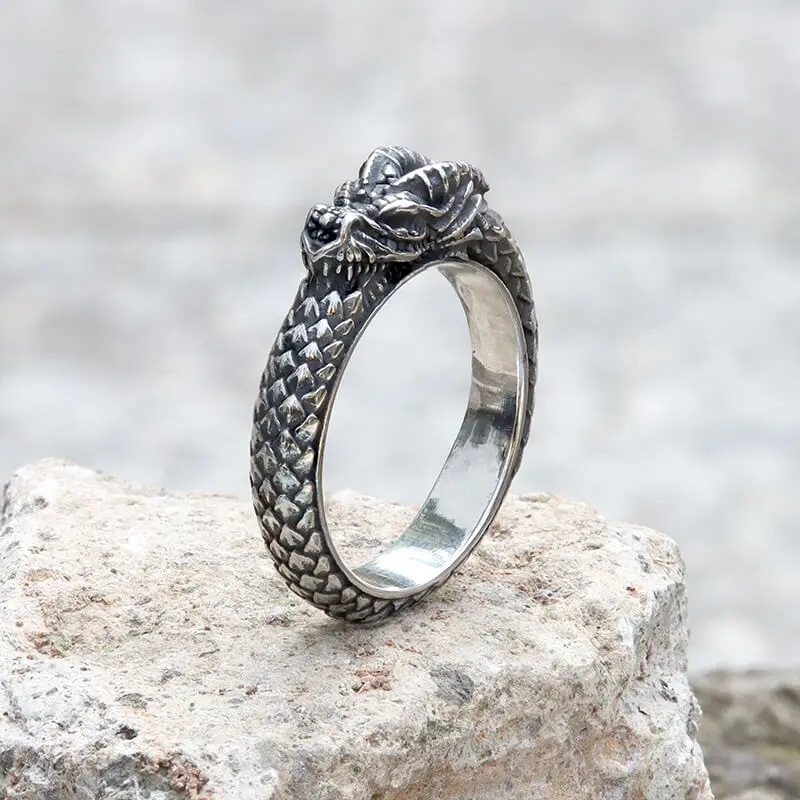 GTHIC Unisex Dragon Ouroboros Stainless Steel Ring For Rapper Biker Rider Daily Wear