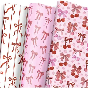 Christmas Wrapping Paper 6 Sheets for Girls Women, Red  Bow, Cherry Design, Folded Flat for Birthday Valentines Wedding  Shower Party, 19.7" x 27.5" Per Sheet
