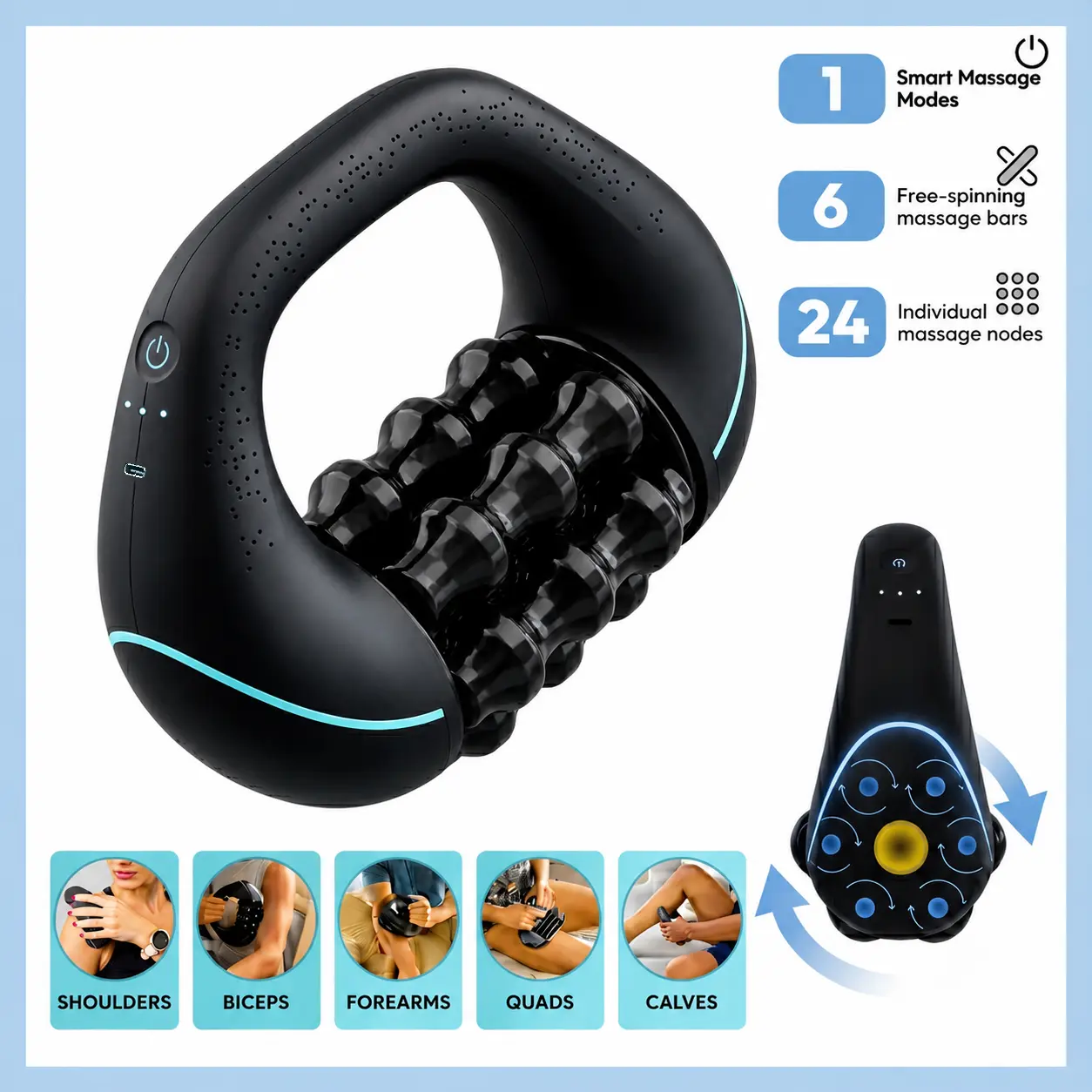 Cordless Electric Rolling Body Massager, Handheld USB Rechargeable Massager, 3 Speed Modes, Portable Roller Massager for Back, Shoulder, Arms and Legs