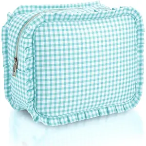 Mint Gingham Ruffle Makeup Bag 10 x 8 x 4.5 Inches Large Ruffle Pouch Travel Cute Checkered  Toiletry Bag with Zipper for Women Girls, Toiletry Pouch Make up Organizer