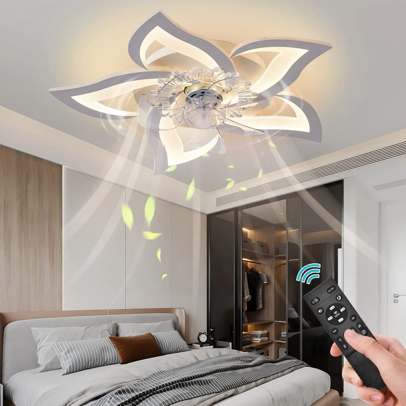 AHAWILL Low Profile Ceiling Fan with Lights,110v Modern Dimmable Flower Shape, Remote Control/app Control,Timing 6 Gear Speeds Fan Ceiling Lamp