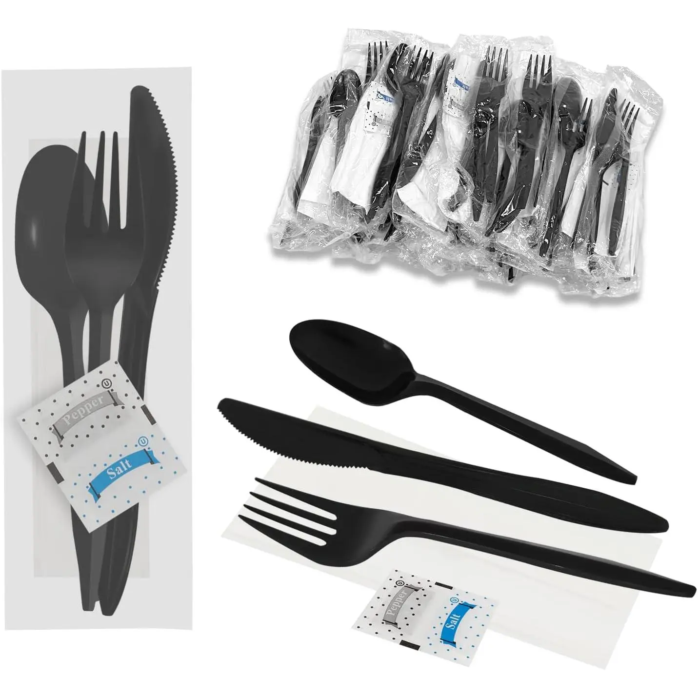 Disposable Single-Serve Cutlery Kits, 50-Pack Black Plastic Individually Wrapped Sets with Knife, Fork, Spoon, Napkin, Salt & Pepper for Restaurants, Delivery