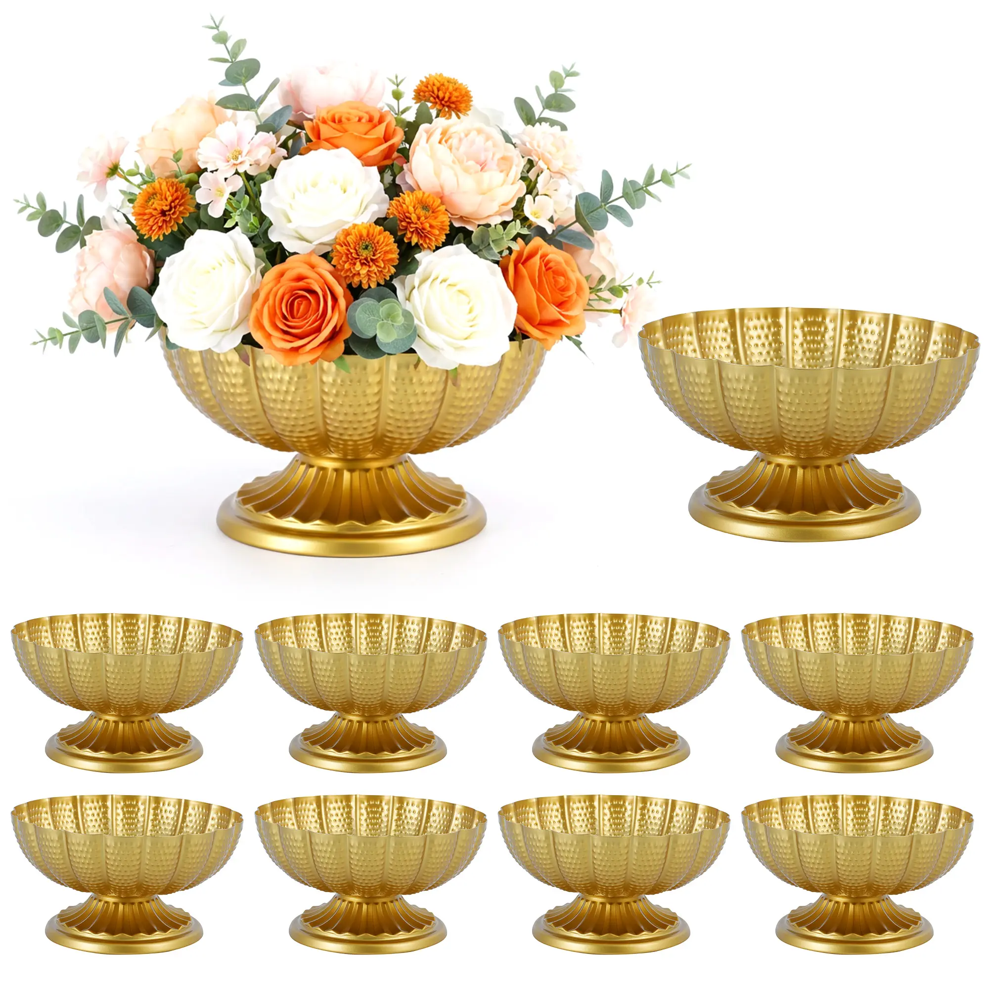 10Pcs Elegant Gold Metal Pedestal Vases, Vintage Chrysanthemum Compote Urn Centerpieces for Wedding Table Decor & Events