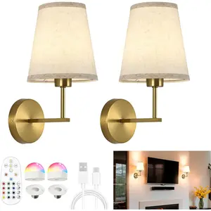 Battery Operated Wall Sconces Set of Two Dimmable Rechargeable Wall Light with RGB Bulb Remote Control for Bedroom Living Room Entryway Gold
