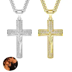Men's Pendant Necklace with Iced Out Crucifix Cross, Gold Plated Stainless Steel Cuban Link Chain, Hip Hop Christian Statement Jewelry, Cuban Style Necklace, Gold Plated Jewelry