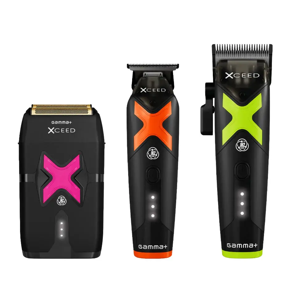Gamma+ XCEED IN2 Vector Motor Cordless Clipper Trimmer Double Foil Shaver Value Set GP609B GP418B GP803B with Removable Magnetic Drop Top Stainless Steel Titanium Foils
