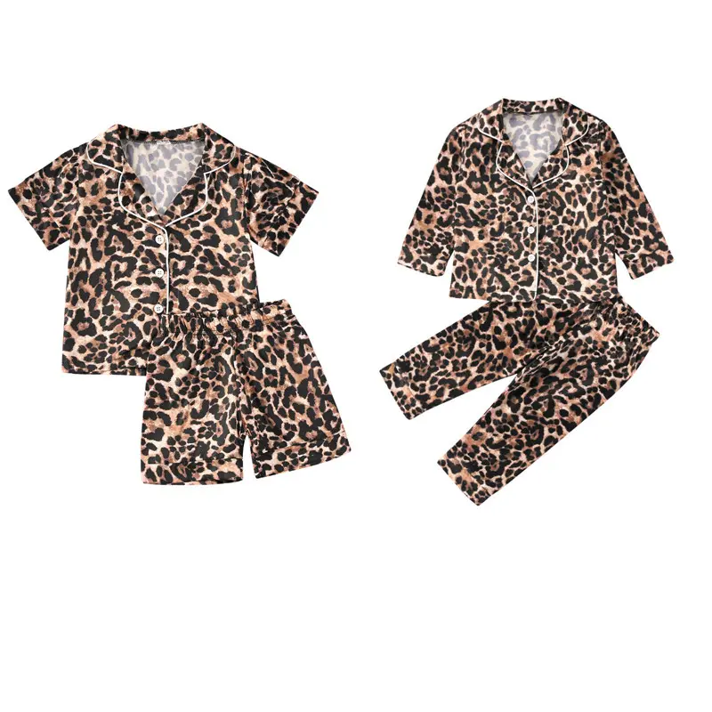 Toddler Baby Kids Leopard Satin Pajamas Set, Long/Short Sleeve Button-Down Sleepwear PJs for Girls