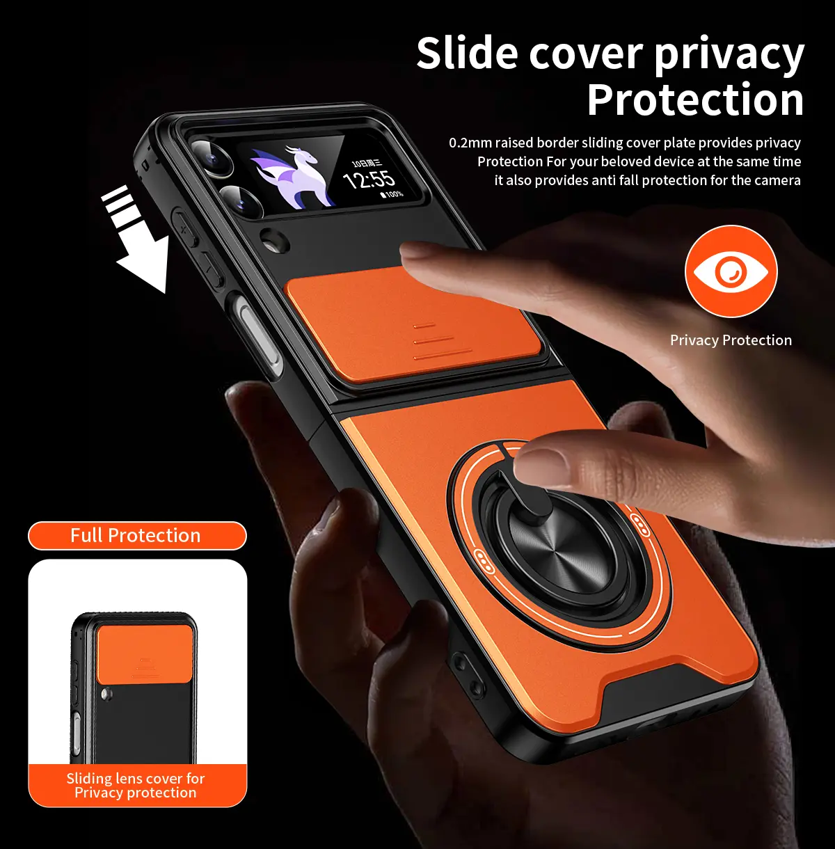 Phone Case - for Samsung Galaxy Z Flip 4, Flip 8 7 6 5 4 3 Case 360 Degree Rotatable Kickstand Ring, Built-In Slide Camera Lens Cover, Shockproof, Anti-Drop Full Body Protective Phone Cover